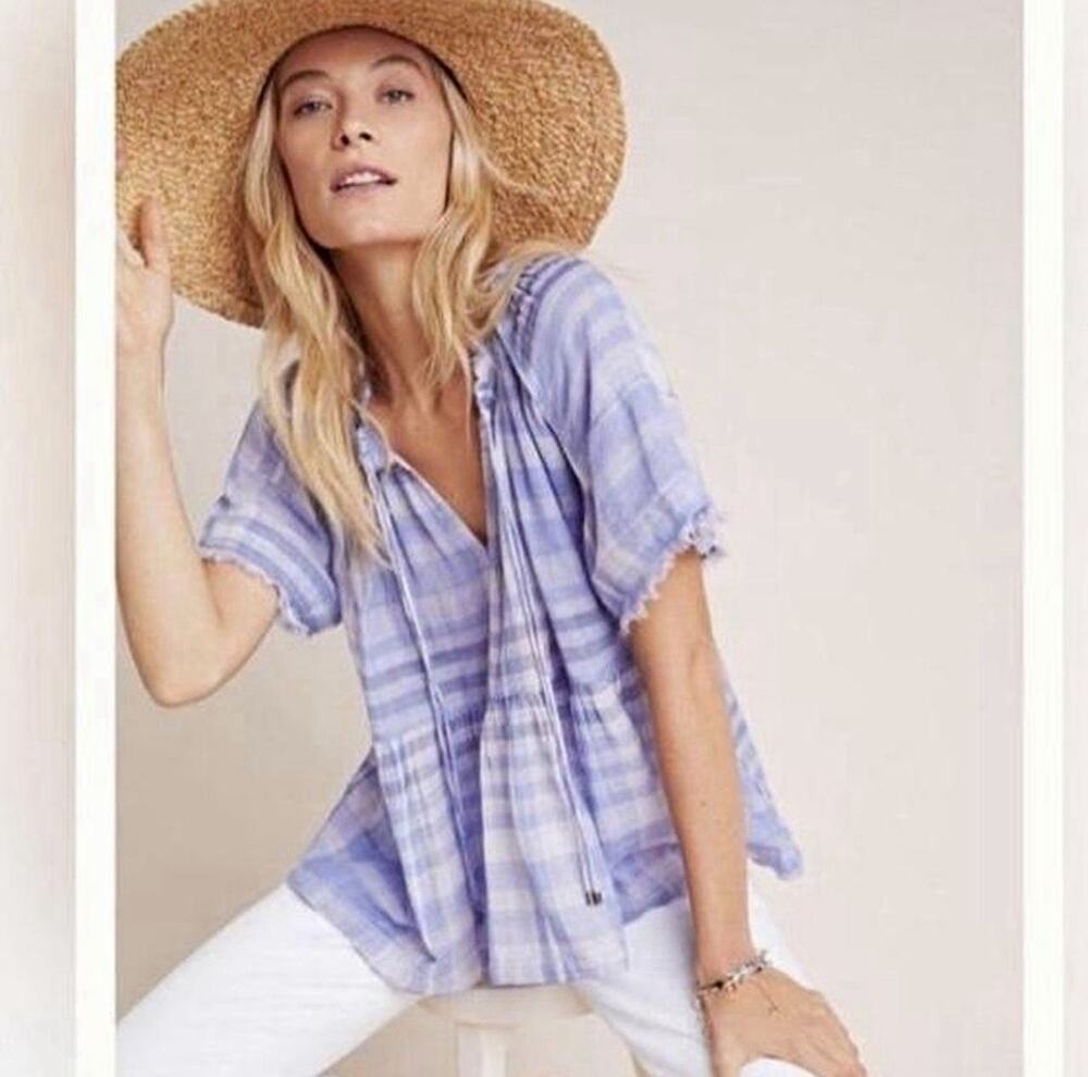 Pilcro Anthropologie The Bette babydoll Plaid Gauze Peasant Blouse Tassel Size M